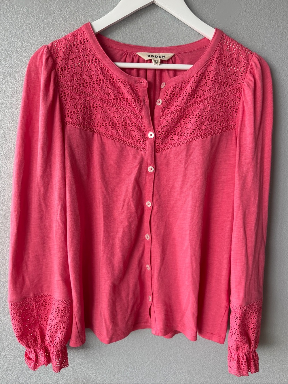 Boden pink eyelet Jade Broderie cotton modal long sleeve button down top sz 10